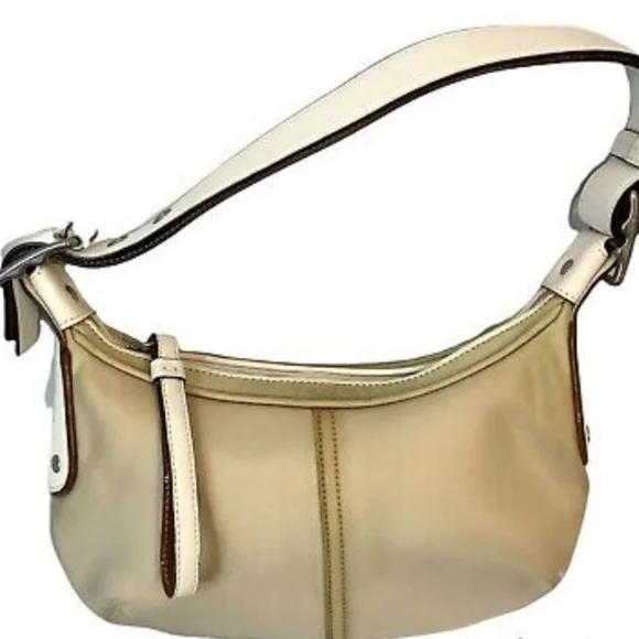 Vintage / Rare Coach Nylon Beige Handbag White Leather Handle Shoulder Bag - Picture 1 of 14